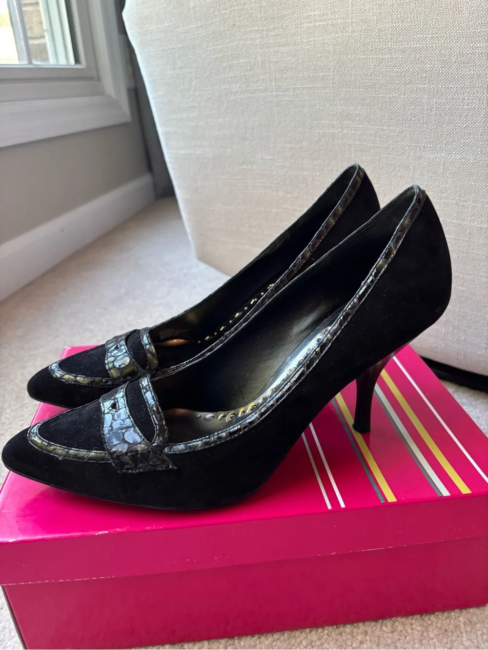 BCBGirls Black Suede Pointed Toe Pumps with Croc-Trim Accent